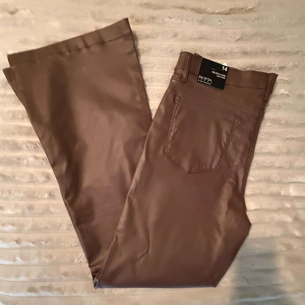 Sofia Jeans Leather Like Brown Straight-Leg Pants  Size 14